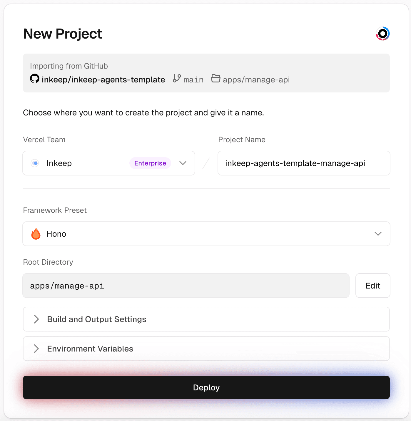 Vercel New Project - Manage API